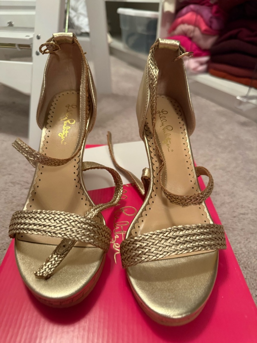 Lilly Pulitzer Gold Braided Ankle-Tie Platform Heels